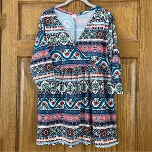 5/$15 Flirty Pink Soft & Stretchy Colorful Multipattern 3/4 Sleeve Top 1X